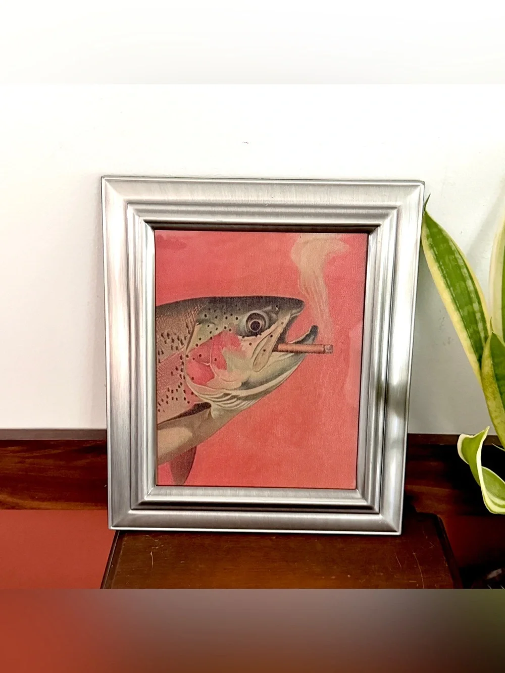 Trout Fish Smoking a Cigarette Vintage Style Canvas Wall Art Print Silver Framed